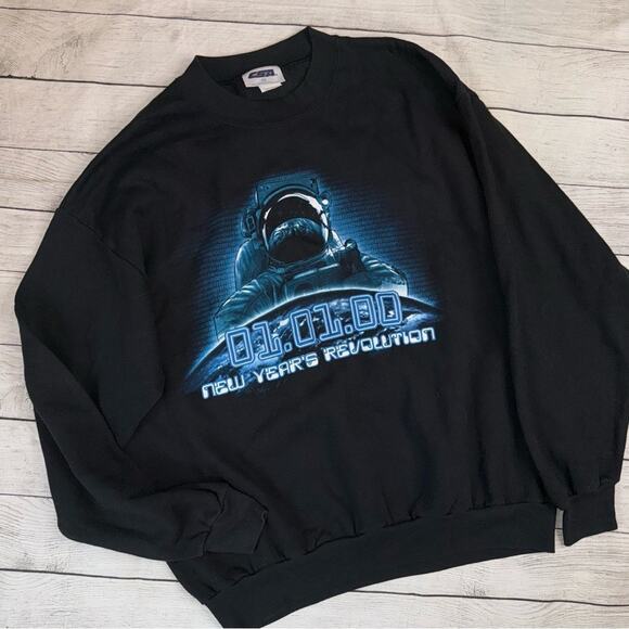 VINTAGE Y2K 01.01.00 New Years Revolution Crewneck Sweatshirt  Black Blue Large - Picture 1 of 6